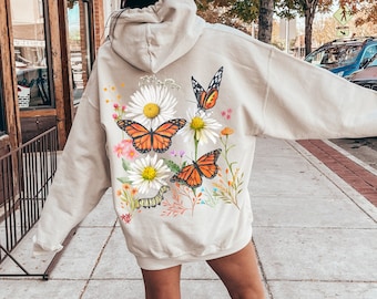 Butterfly Hoodie Cottagecore Clothes Floral Sweatshirt Daisy Shirt Monarch Butterflies Fairy Core Aesthetic Nature Lover Gift Flower Hoodie
