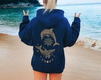Celestial Dolphin Hoodie Coconut Girl Aesthetic Beachy Clothes Nature Stuff Marine Biology Gift Sea Creature Lover Sun and Moon Phase Top