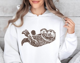 Sea Otter Hoodie Hand Drawn Brown Otters Sweatshirt Animal Lovers Gift Ideas Nature Lover Gifts Granola Girl Clothes PNW Aesthetic Clothing
