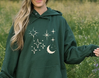 Celestial Hoodie Stars Sweatshirt Mystical Shirt Astrology Clothing Crescent Moon Sweater Hooded Whimsigoth Whimsical Top Y2K Clothes Space