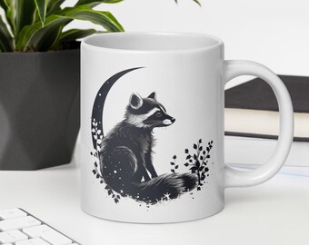 Raccoon Mug 20oz Huge Mug White Glossy Ceramic Mug Tea Cup Gift for Coffee Lovers Crescent Moon Mystical Cottagecore Aesthetic Kitchen Ware
