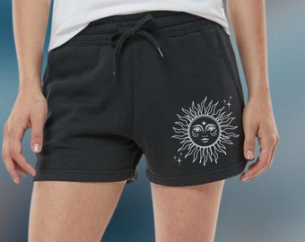 Celestial Sun and Stars Shorts Sweat Shorts Graphic Shorts Pj Shorts Vacay Shorts Lounge Shorts Cute Shorts Boho Shorts Mystical, Fleece