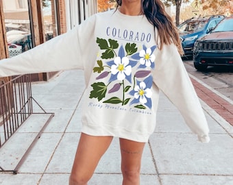 Colorado Sweatshirt Rocky Mountain Columbine State Flower Sweater Hand Drawn Floral Top Wildflower Clothes Native Plant Lover Gifts