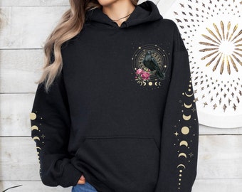 Mystical Raven Hoodie Moon Phase Hoodie Celestial Sweatshirt Witchy Shirt Moon and Stars Sweater Peony Flower Black Bird Top Astrology Gift