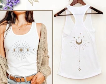 Mystical Moon Phase Tank Top Celestial Shirt Witchy Racerback Tank Workout Clothes Summer Tshirt Boho Astrology Top Back Tattoo Inspired Top