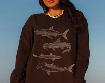 Shark Sweatshirt Vintage Illustration Ocean Inspired Style Marine Biologist Gift Nature Stuff Sea Animal Lover Gift Brown Sweater Hammerhead