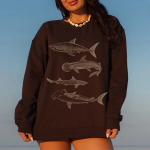 Shark Sweatshirt Vintage Illustration Ocean Inspired Style Marine Biologist Gift Nature Stuff Sea Animal Lover Gift Brown Sweater Hammerhead