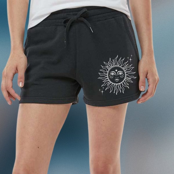 Celestial Sun and Stars Shorts Sweat Shorts Graphic Shorts Pj Shorts Vacay Shorts Lounge Shorts Cute Shorts Boho Shorts Mystical, Fleece