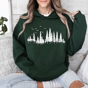 Pine Tree Hoodie Sweatshirt Forest Core Clothes Nature Lover Gift Pine Tree on Green Shirt Outdoorsy Couples Granola Girl Aesthetic Woodland