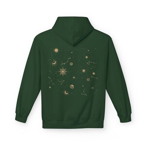 Celestial Hoodie Unisex Midweight Softstyle Fleece Hoodie Sun Stars Sweatshirt Mystical Constellation Clothes Forest Green