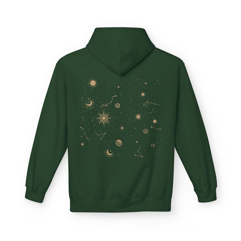 Celestial Hoodie Unisex Midweight Softstyle Fleece Hoodie Sun Stars Sweatshirt Mystical Constellation Clothes Forest Green