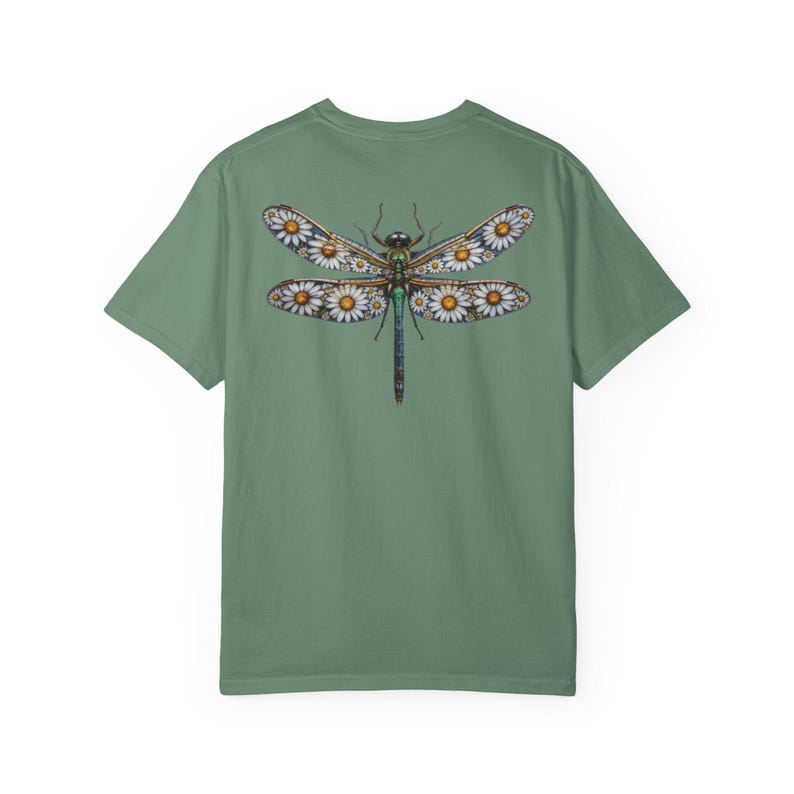 Floral Dragonfly Shirt Comfort Colors® Cotton Tee Shirt for Nature Lovers, Back Design Light Green