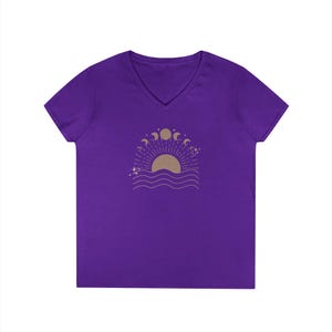 Celestial V-Neck for Women, Sun Moon Stars Shirt, Vneck short sleeved white shirt, White womens vneck shirt, Moon Phases Over Ocean Waves Purple