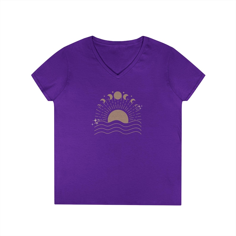 Celestial V-Neck for Women, Sun Moon Stars Shirt, Vneck short sleeved white shirt, White womens vneck shirt, Moon Phases Over Ocean Waves Purple
