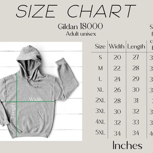 May include: Size chart for Gildan 18000 adult unisex hoodies. The chart shows measurements in inches for width, length, and sleeve length from center back for sizes S through 5XL.