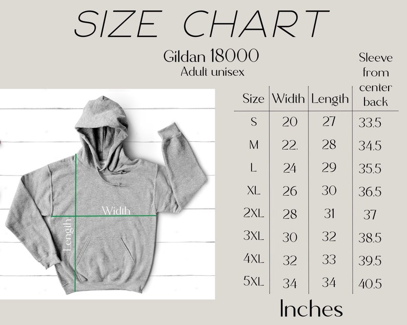 May include: Size chart for Gildan 18000 adult unisex hoodies. The chart shows measurements in inches for width, length, and sleeve length from center back for sizes S through 5XL.