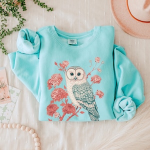 May include: A light blue sweatshirt with a white owl and pink flowers printed on the front. The owl is perched on a branch with its wings spread out. The flowers are in bloom and have a delicate, feminine look.