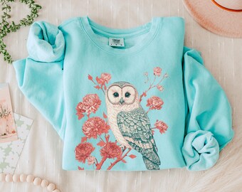 Owl Sweatshirt Pastel Comfort Colors Unisex Lightweight Crewneck Sweater Floral Art Sweatshirt Womens Top Owl Gifts for Mom Cottage Core