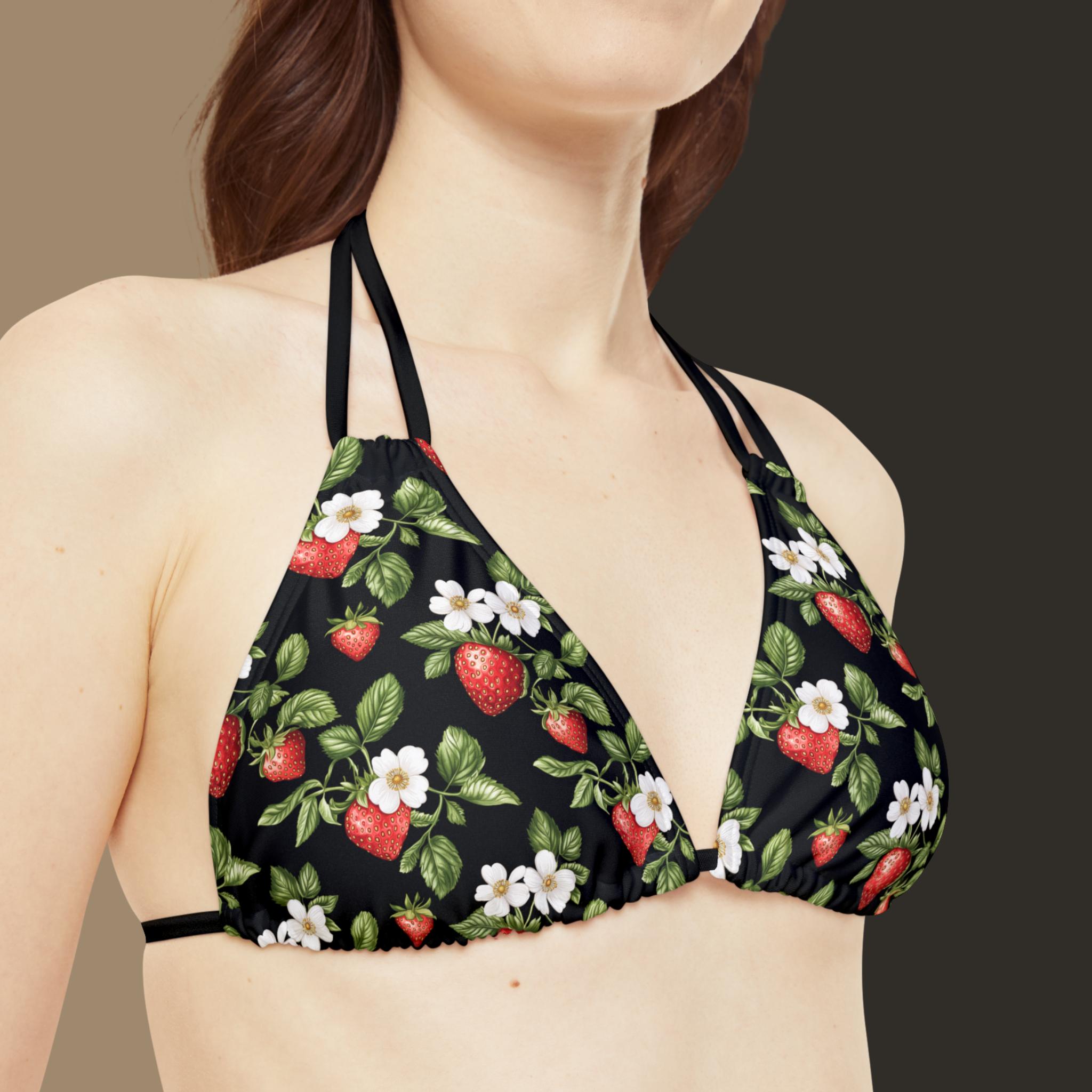 Strawberry Bikini Set Strappy Top and Bottom Cottage Core Aesthetic Swimwear for the Beach Vacation