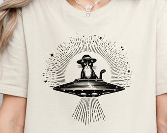black cat ufo shirt, alien cat t shirt