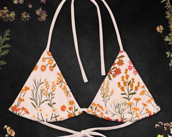 Folk Art Flower Bikini Top Pink Floral Bikini Pale Pink Ecofriendly String Bikini Boho Cute Bikini Triangle Bikini Coconut Girl Aesthetic