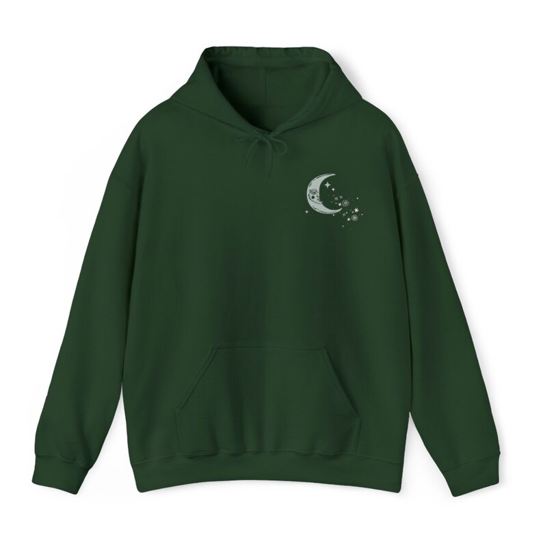 May include: A dark green hooded sweatshirt with a crescent moon and stars design on the left chest.