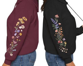 Wildflower Sleeve Design Hoodie, Daisies, Echinacea, Floral Hooded Sweatshirt