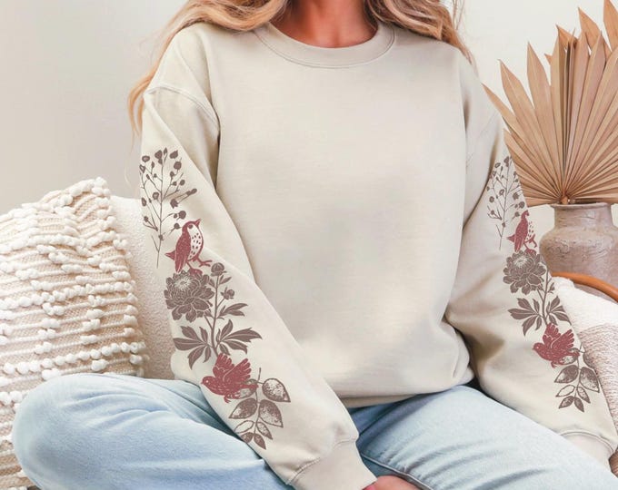 Sleeve Print Wildflower Sweatshirt Bird Linocut Shirt Floral Art Sweatshirt Womens Botanical Sweatshirt Cottage Core Clothes Flower Crewneck