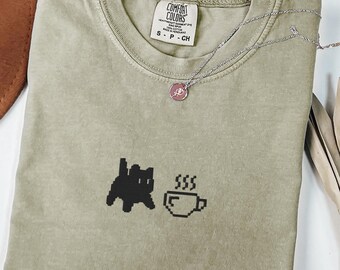 Embroidered Cat and Coffee Shirt, Comfort Colors