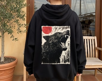 Blood Moon Wolf Hoodie Sweatshirt Horror Clothes Fleece Sweater Werewolf Hooded Top Gothic Howling Wolf