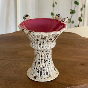 May include: A ceramic bird bath with a speckled white and brown exterior and a vibrant pink interior. Three small, detailed bird figurines perch on the rim. The bird bath is elevated on a pedestal base, creating a decorative garden accent.
