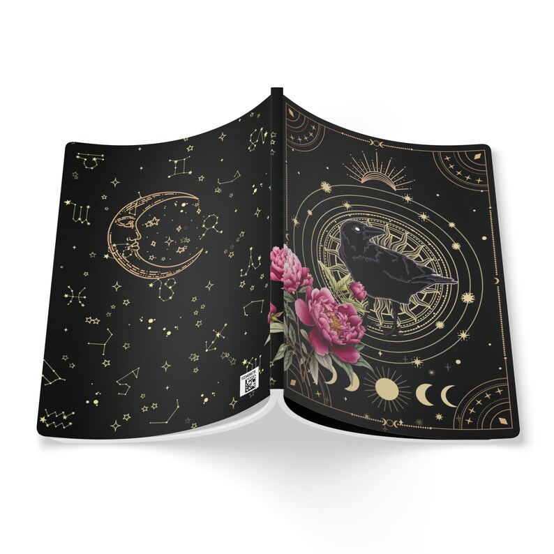 Witchy Journal Celestial Notebook Aesthetic Notebook Witch Notebook Raven Bird Notebook Peony Flower Journal Mini Notebook Moon Phase Gift image 4