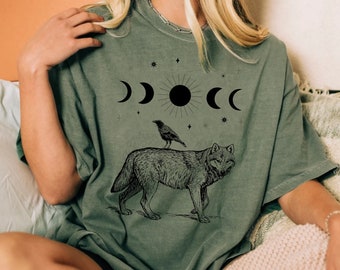 Wolf and Raven Shirt Mystical Moon Phase Tshirt Moon and Stars Graphic Tee Witchy Stuff Dark Academia Goblincore Shirt Whimsigoth Clothes