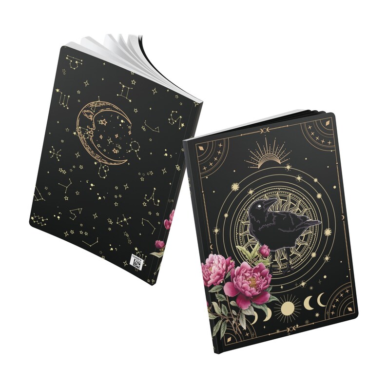 Witchy Journal Celestial Notebook Aesthetic Notebook Witch Notebook Raven Bird Notebook Peony Flower Journal Mini Notebook Moon Phase Gift image 6