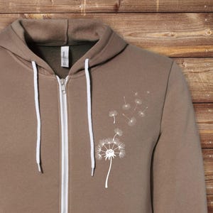 Dandelion Jacket Full Zip Up Hoodie Soft Sponge Fleece Sweatshirt Wild Flower Floral Top Blowing Dandelion Whimsical Dandelion Brown Hoodie