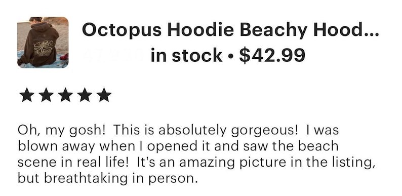 May include: A brown hoodie with a large octopus graphic on the back. The octopus is surrounded by a beach scene with palm trees and waves. The hoodie has a drawstring hood and a kangaroo pocket. The text "Octopus Hoodie Beachy Hood... in stock $42.99" is visible in the image.