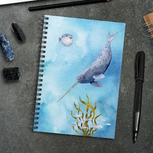 Narwhal Spiral Notebook Ruled Line Ocean Inspired Style Journal Ocean Animals Note Book Watercolor Sea Creatures Marine Biology Gifts