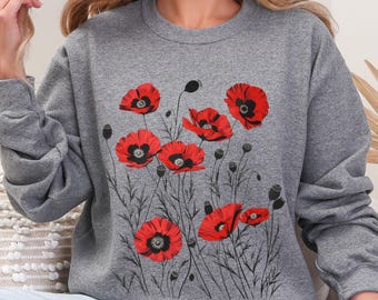 Poppy Sweatshirt Cozycore Flower Crewneck Botanical Sweatshirt Cottagecore Top Linocut Shirt Floral Shirt and Sweatshirt