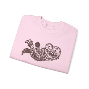 Sea Otter Sweatshirt Hand Drawn Brown Otters Sweater Unisex Fleece Top Graphic Sweat Shirt Animal Lover Gift Ideas Pastel Pink Nature image 9