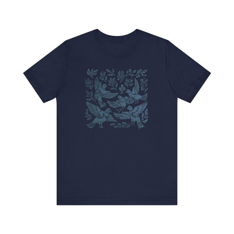 Pigeon Shirt Linocut Shirt Linocut Birds Amongst the Foliage Tshirt Pigeon Lover Gift Navy