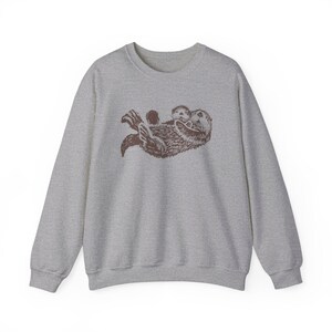 Sea Otter Sweatshirt Hand Drawn Brown Otters Sweater Unisex Fleece Top Graphic Sweat Shirt Animal Lover Gift Ideas Pastel Pink Nature Sport Grey