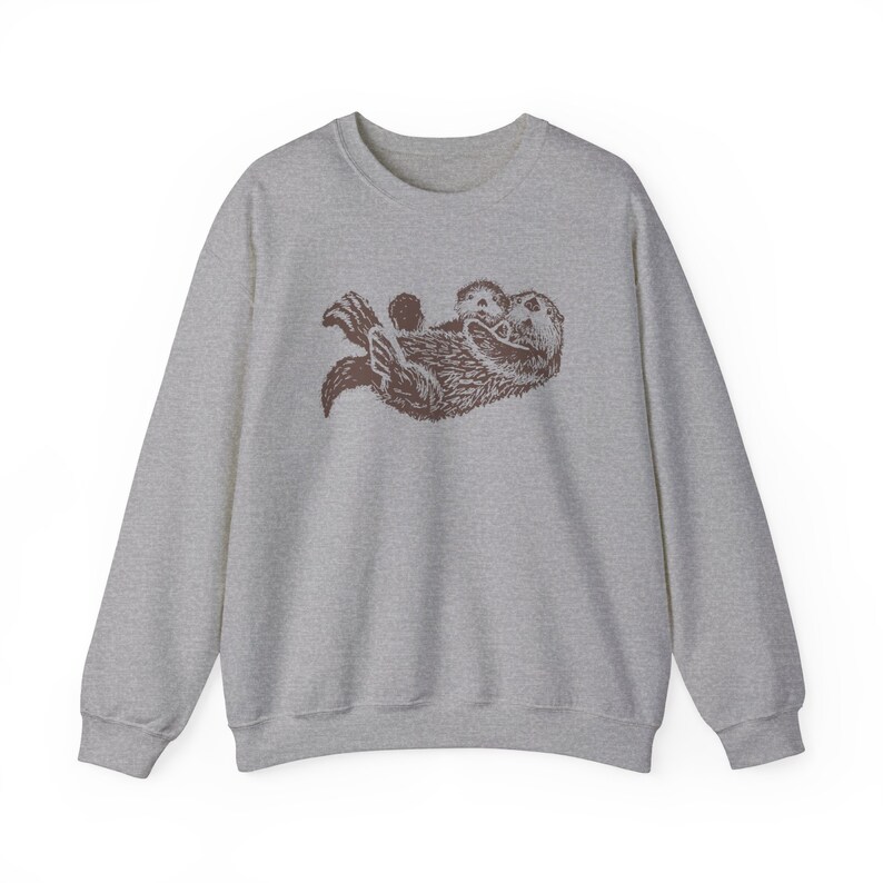 Sea Otter Sweatshirt Hand Drawn Brown Otters Sweater Unisex Fleece Top Graphic Sweat Shirt Animal Lover Gift Ideas Pastel Pink Nature Sport Grey
