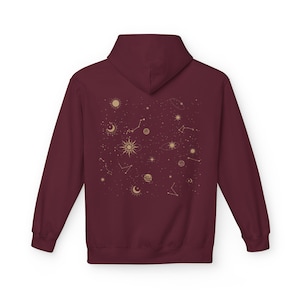 Celestial Hoodie Unisex Midweight Softstyle Fleece Hoodie Sun Stars Sweatshirt Mystical Constellation Clothes Maroon
