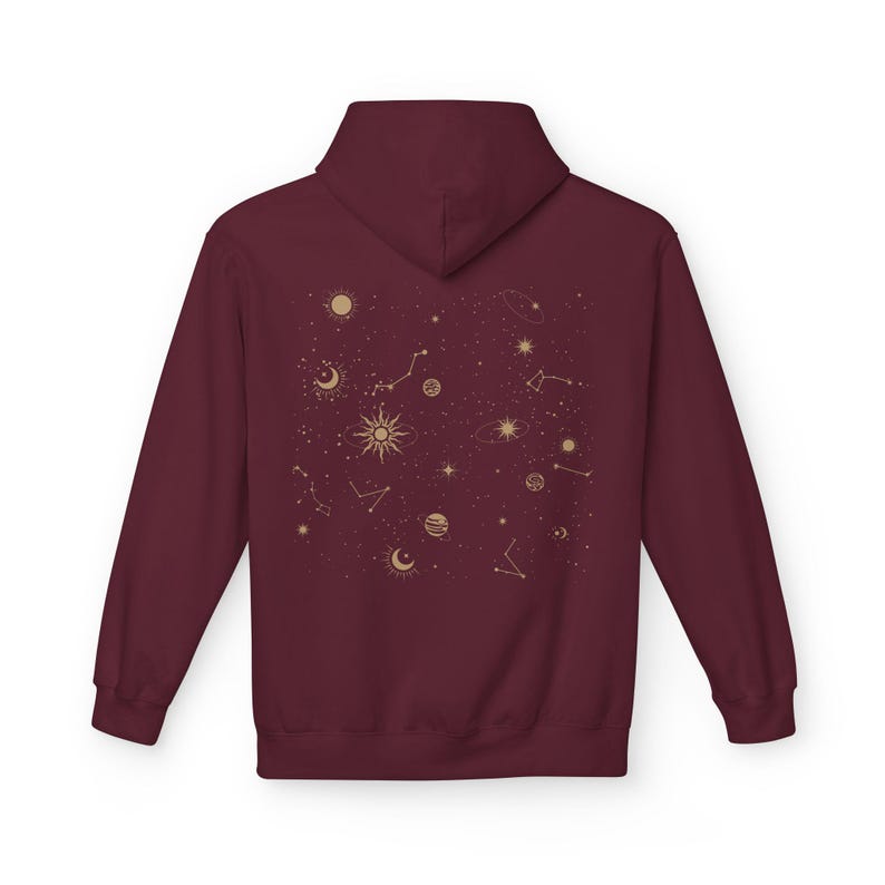 Celestial Hoodie Unisex Midweight Softstyle Fleece Hoodie Sun Stars Sweatshirt Mystical Constellation Clothes Maroon