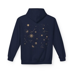 Celestial Hoodie Unisex Midweight Softstyle Fleece Hoodie Sun Stars Sweatshirt Mystical Constellation Clothes Navy
