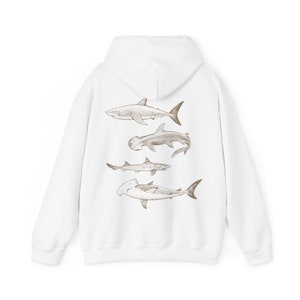 Vintage Shark Hoodie Hammerhead Sweatshirt Great White Hooded Sweater Mens Graphic Shirt Sea Creatures Clothing Shark Lover Gifts Nature Top White