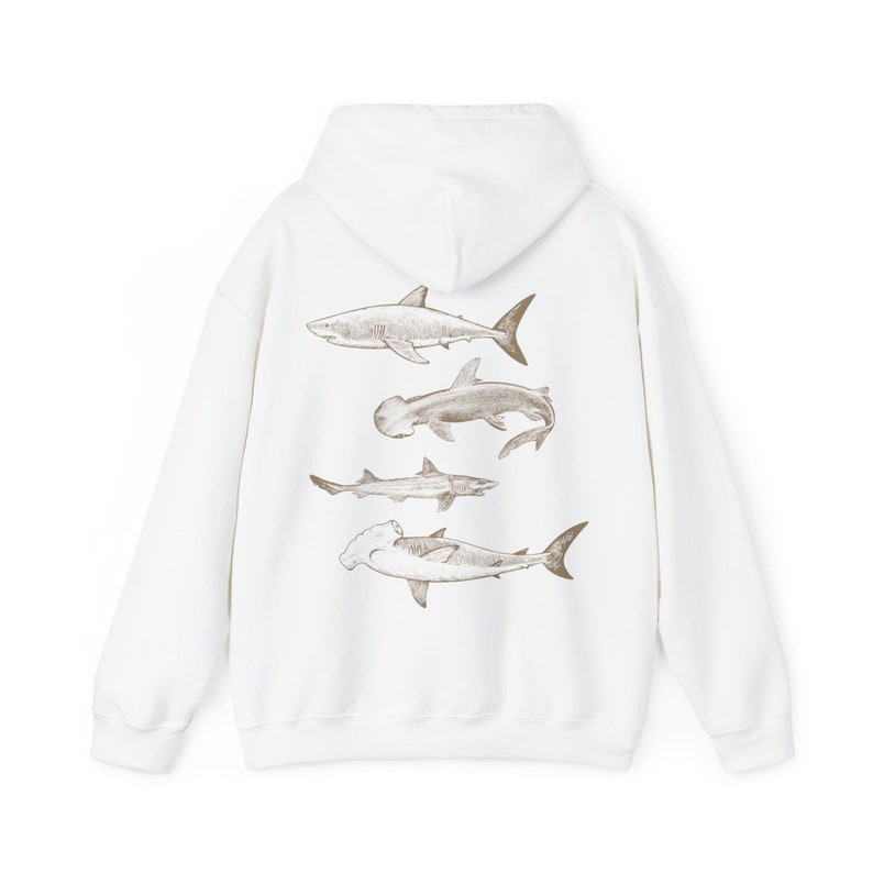Vintage Shark Hoodie Hammerhead Sweatshirt Great White Hooded Sweater Mens Graphic Shirt Sea Creatures Clothing Shark Lover Gifts Nature Top White