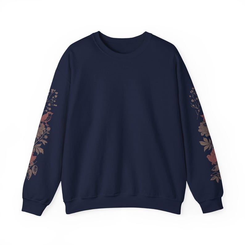 Sleeve Print Wildflower Sweatshirt Bird Linocut Shirt Floral Art Sweatshirt Womens Botanical Sweatshirt Cottage Core Clothes Flower Crewneck Navy