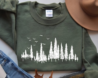 Pine Tree on Green Shirt Woodland Sweatshirt Outdoorsy Gifts Birds Flying Serene Forest Core Aesthetic Nature Stuff Hiking Sweater Evergreen
