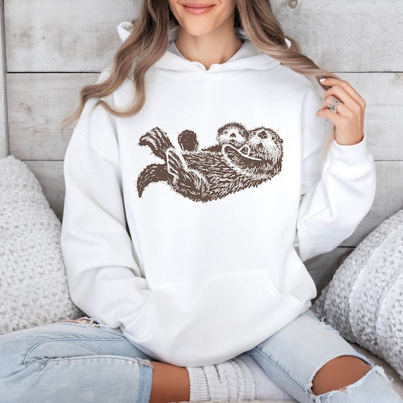 Sea Otter Hoodie Hand Drawn Brown Otters Sweatshirt Animal Lovers Gift Ideas Nature Lover Gifts Granola Girl Clothes PNW Aesthetic Clothing